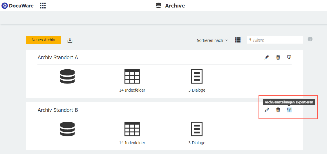 Archiveinstellungen Exportieren